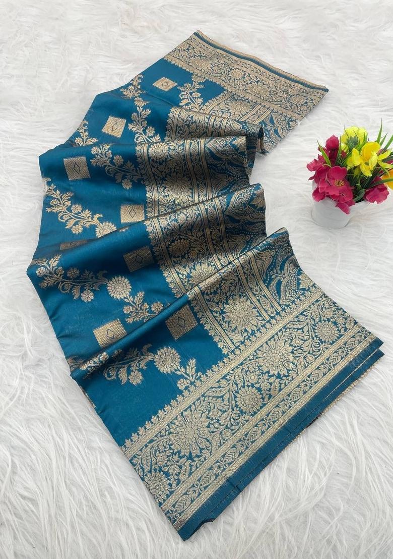 Rama Blue Zari Work Silk Blend Saree Set - Indya