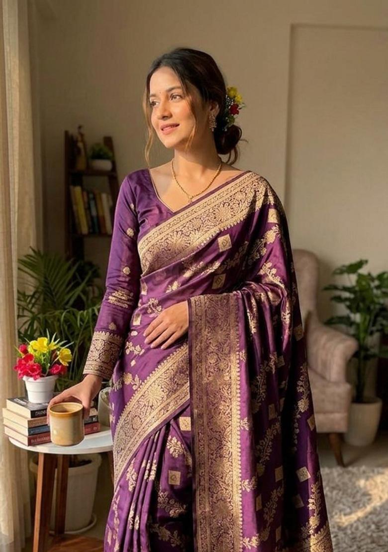 Wine Zari Work Silk Blend Saree Set - Indya
