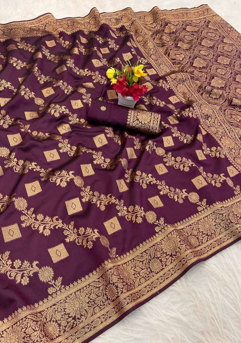 Wine Silk Blend Saree Set with Zari Work for Diwali | Wedding & Festive Wear - Indya