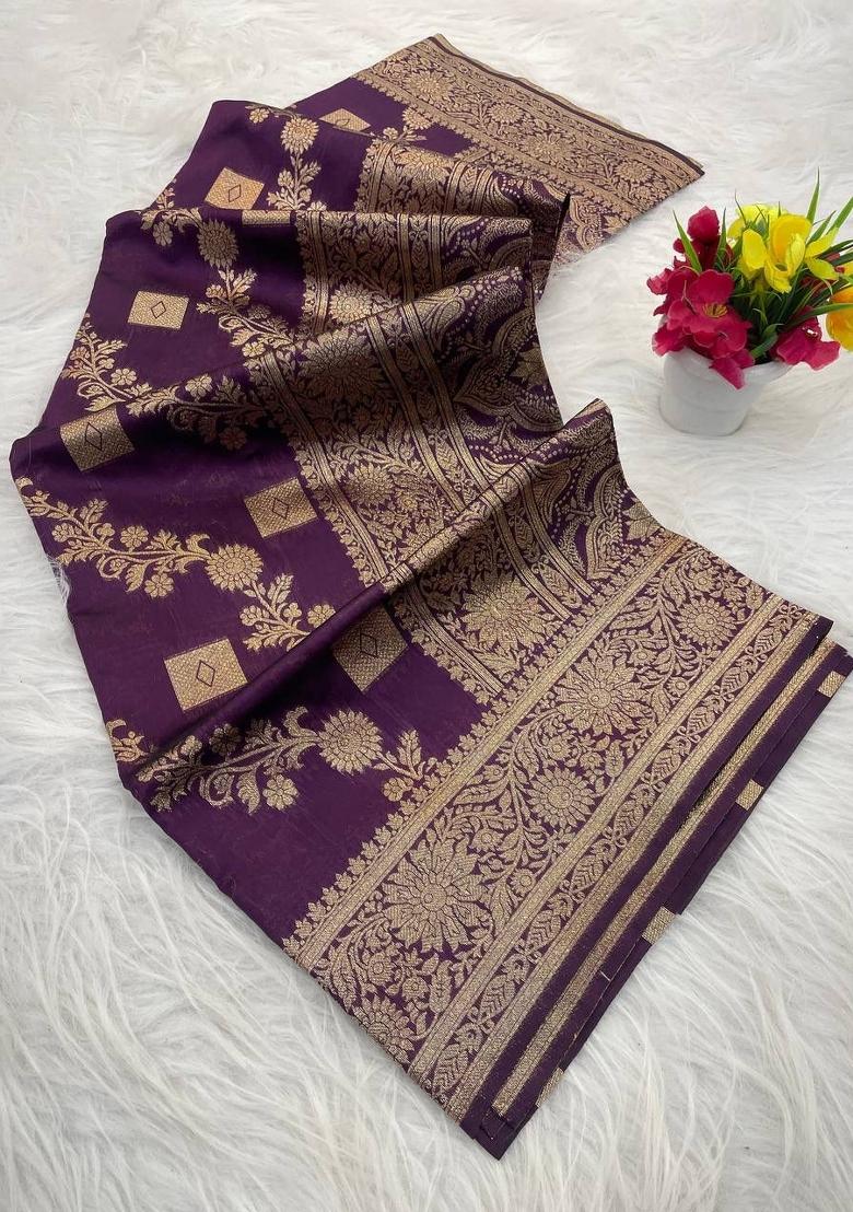 Wine Zari Work Silk Blend Saree Set - Indya