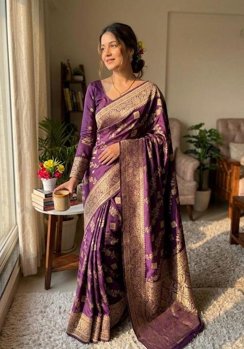Wine Zari Work Silk Blend Saree Set