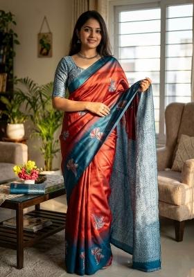 Red Zari Work Silk Blend Saree Set