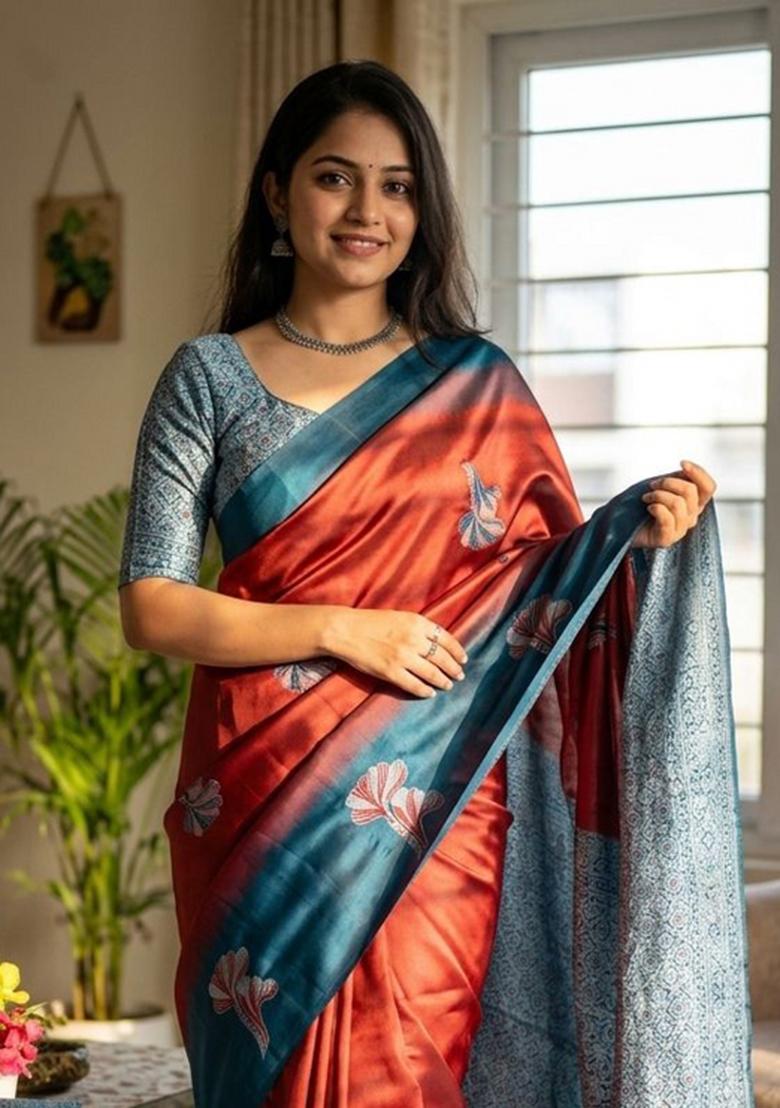 Red Zari Work Silk Blend Saree Set - Indya