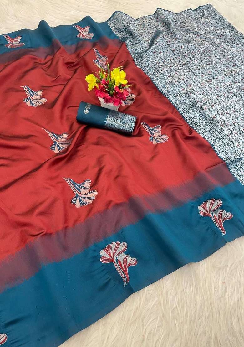 Red Silk Blend Saree Set with Zari Work for Diwali | Wedding & Festive Wear - Indya
