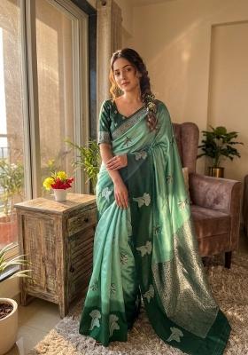 Sea Green Zari Work Silk Blend Saree Set