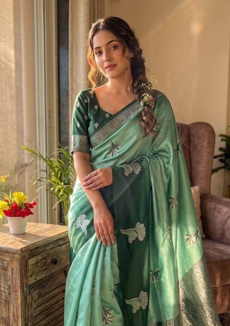 Sea Green Zari Work Silk Blend Saree Set - Indya
