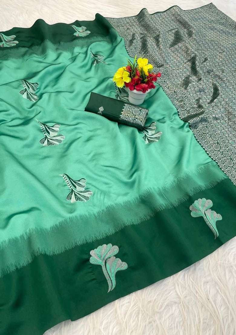 Sea Green Zari Work Silk Blend Saree Set for Diwali and Festive Wear - Indya