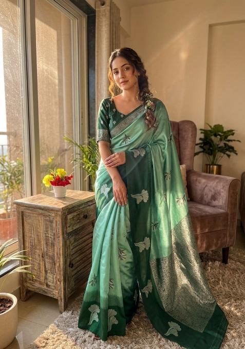 Sea Green Zari Work Silk Blend Saree Set