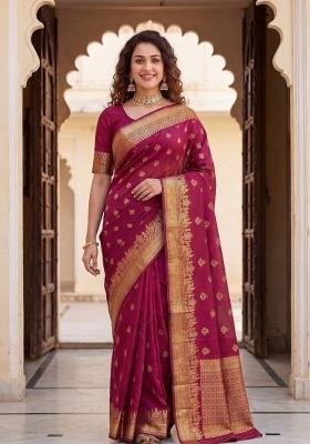 Pink Zari Work Silk Blend Saree Set