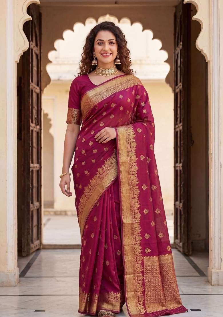 Pink Silk Blend Saree Set with Zari Work for Diwali | Wedding & Festive Wear - Indya