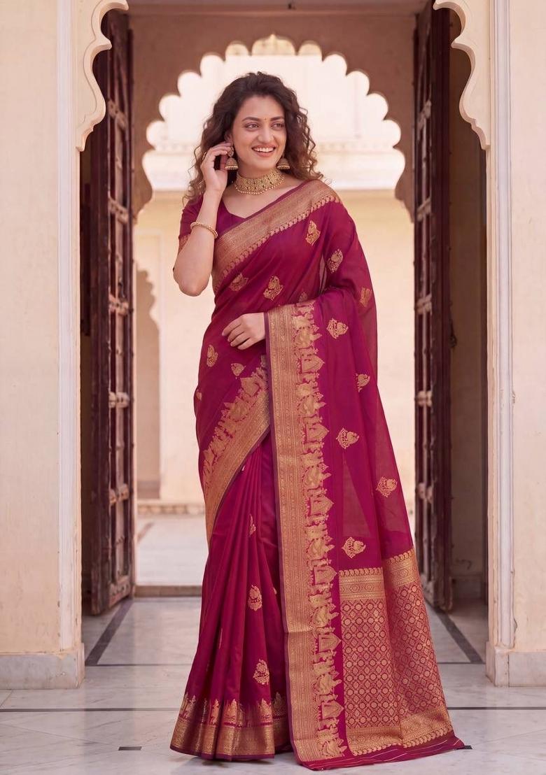 Pink Zari Work Silk Blend Saree Set - Indya