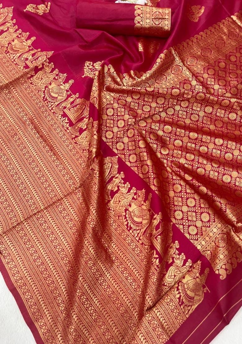 Pink Zari Work Silk Blend Saree Set - Indya