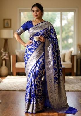 Blue Zari Work Silk Blend Saree Set