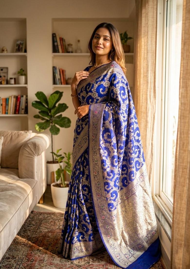 Blue Zari Work Silk Blend Saree Set - Indya
