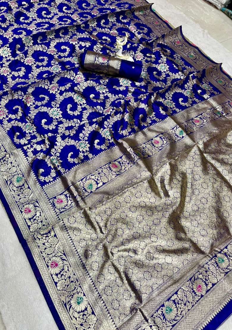 Blue Silk Blend Saree Set with Zari Work for Diwali | Wedding & Festive Wear - Indya