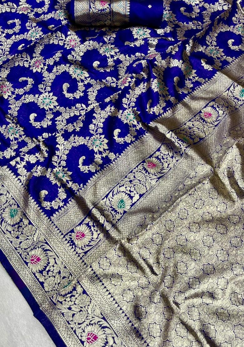 Blue Zari Work Silk Blend Saree Set - Indya