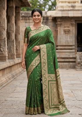 Green Zari Work Silk Blend Saree Set