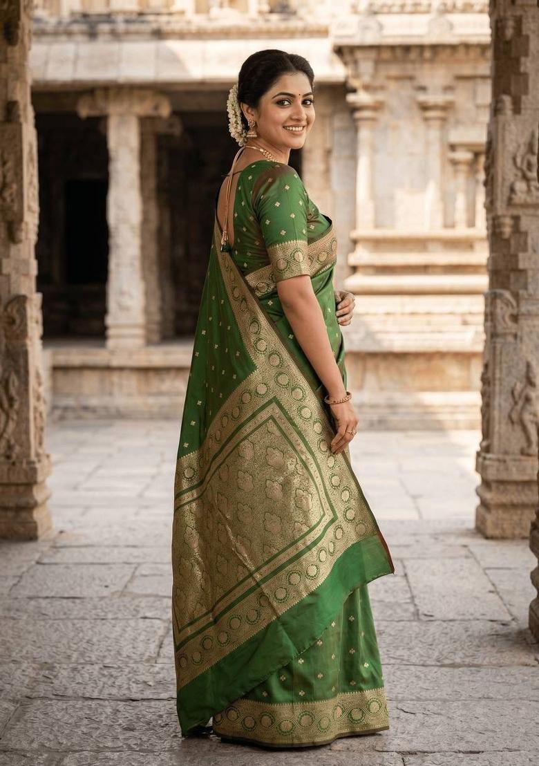 Green Zari Work Silk Blend Saree Set - Indya