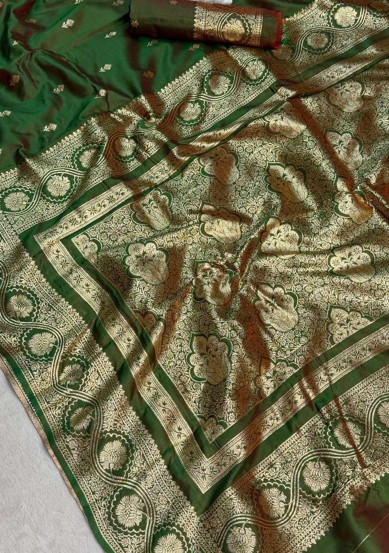 Green Silk Blend Saree Set with Zari Work for Diwali | Wedding & Festive Wear - Indya