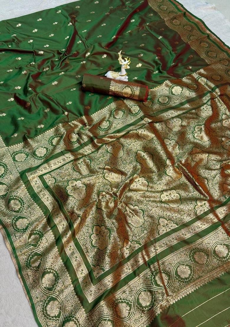 Green Zari Work Silk Blend Saree Set - Indya