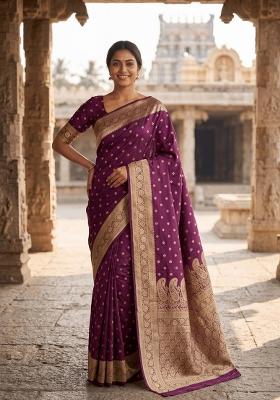 Wine Zari Work Silk Blend Saree Set