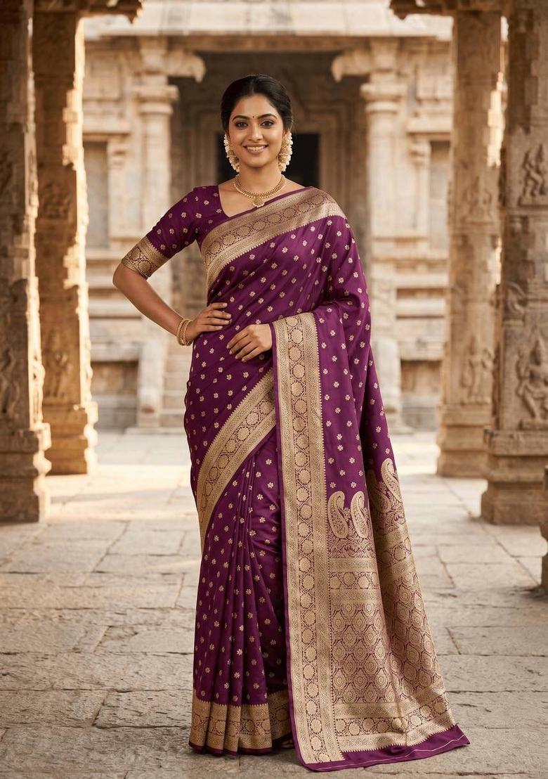 Wine Zari Work Silk Blend Saree Set - Indya