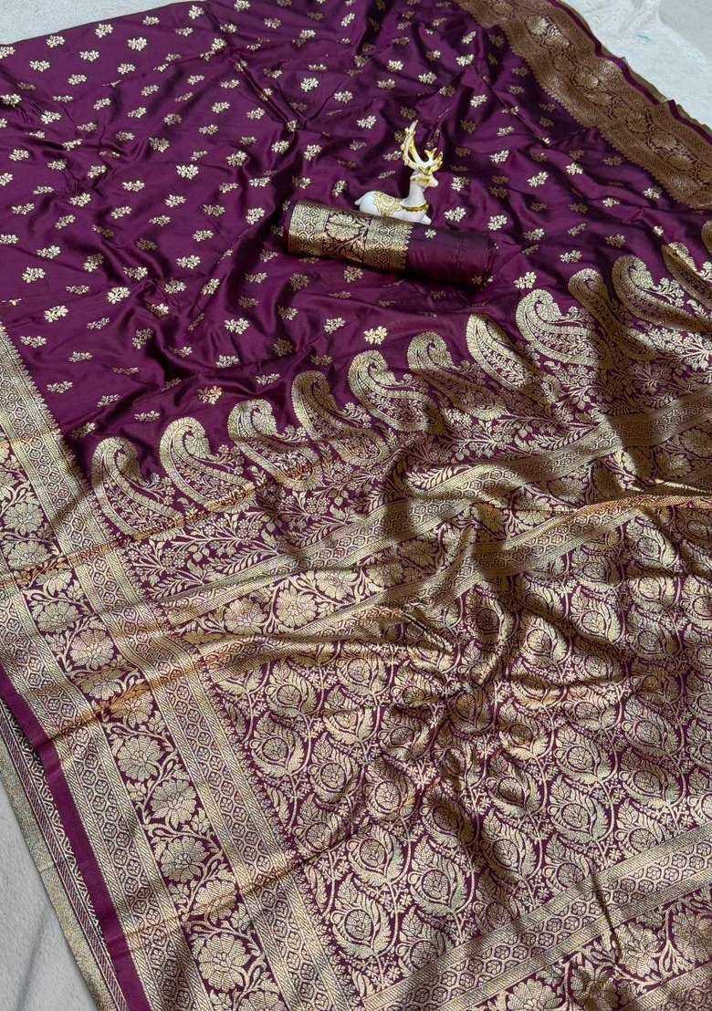 Wine Silk Blend Saree Set with Zari Work for Diwali | Wedding & Festive Wear - Indya