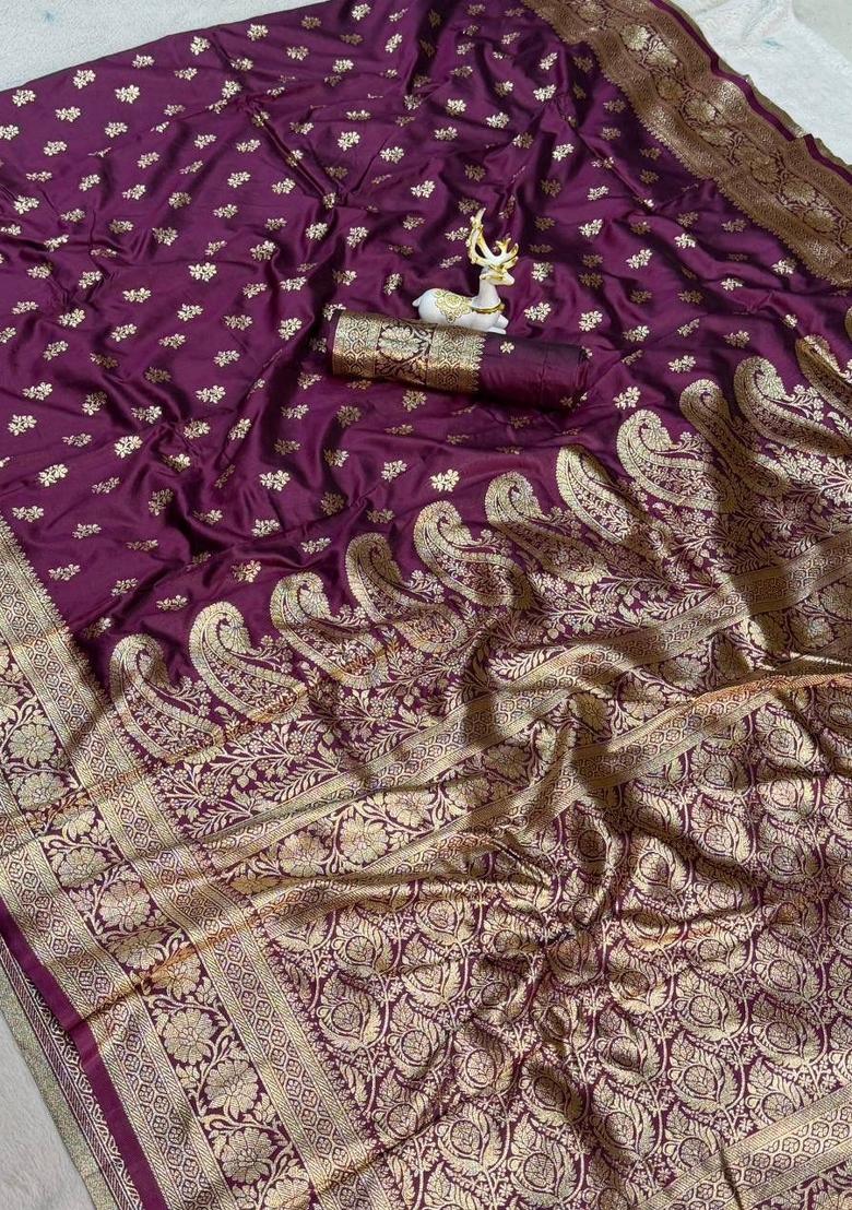Wine Zari Work Silk Blend Saree Set - Indya