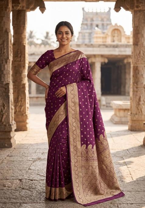 Wine Zari Work Silk Blend Saree Set