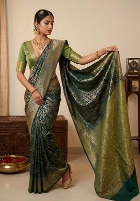 Green Floral Print Silk Blend Saree Set