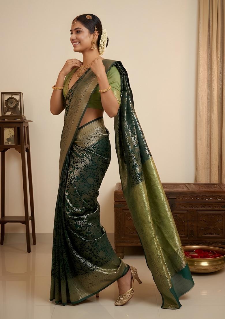 Green Floral Print Silk Blend Saree Set - Indya