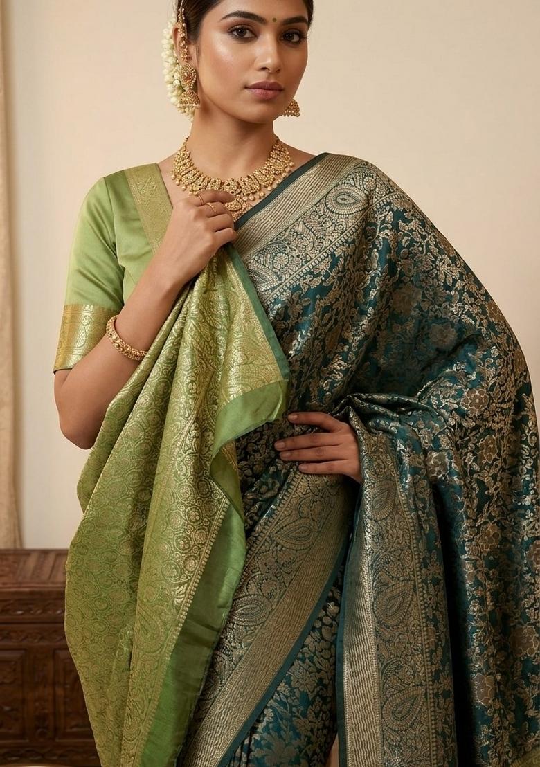Green Floral Print Silk Blend Saree Set - Indya