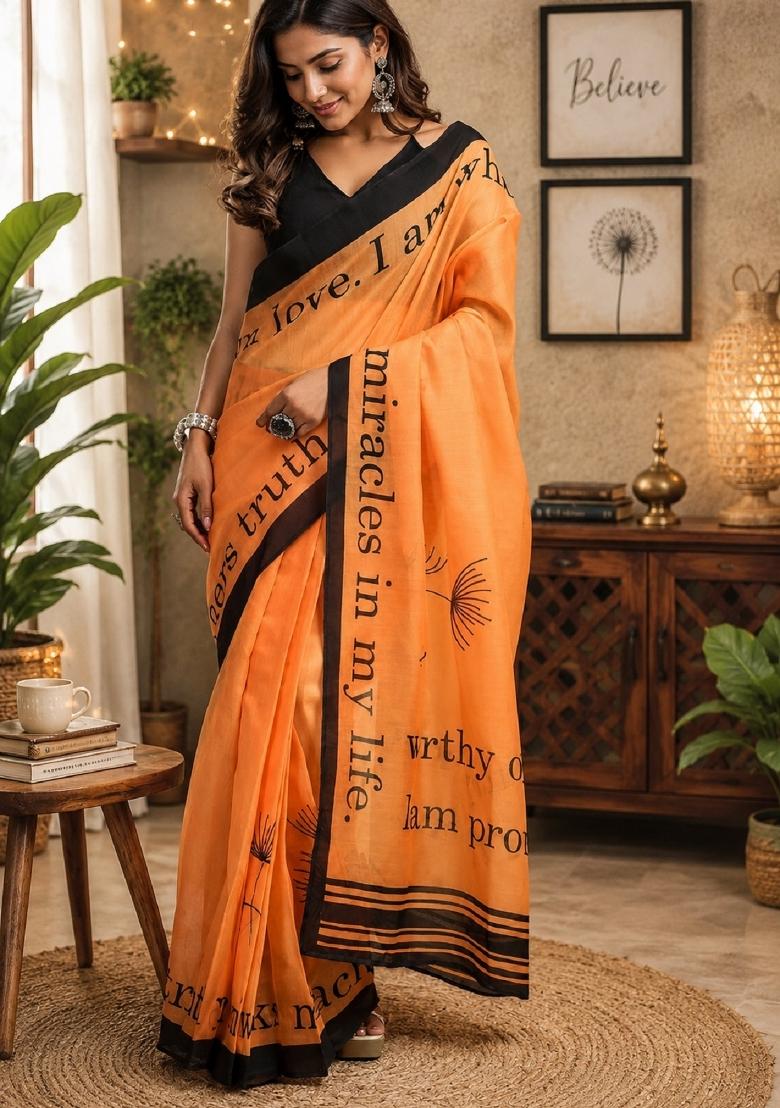 Orange Printed Cotton Saree Set - Indya