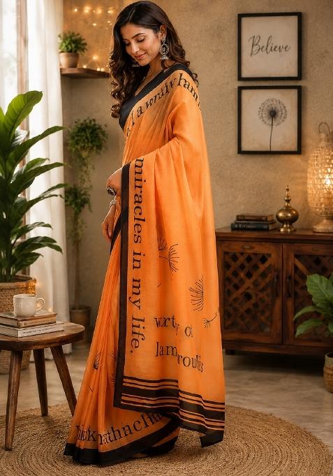 Orange Printed Cotton Saree Set