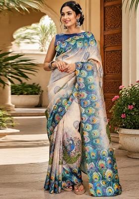 Beige Printed Cotton Saree Set
