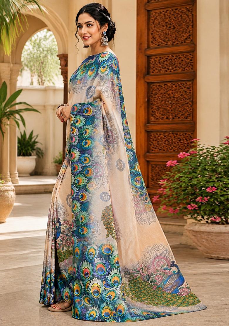 Beige Printed Cotton Saree Set - Indya