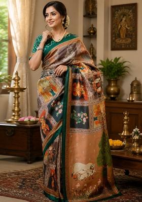 Cream Printed Cotton Saree Set