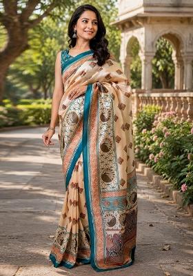 Cream Printed Cotton Saree Set