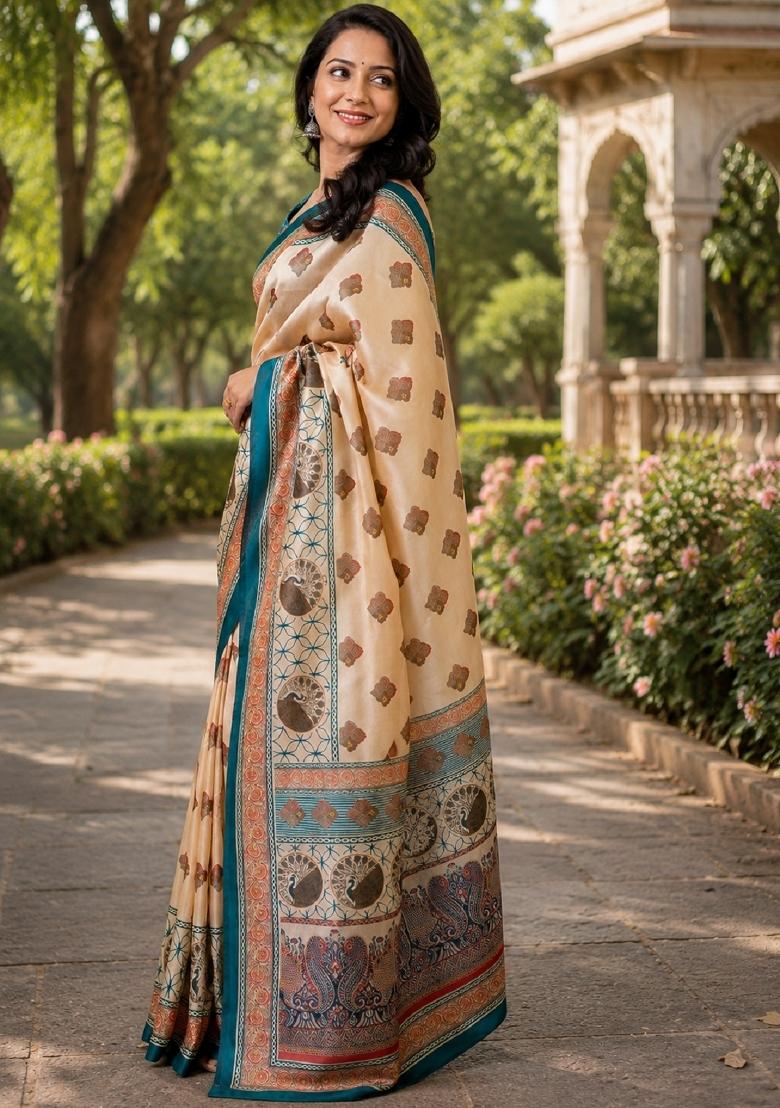 Cream Printed Cotton Saree Set - Indya
