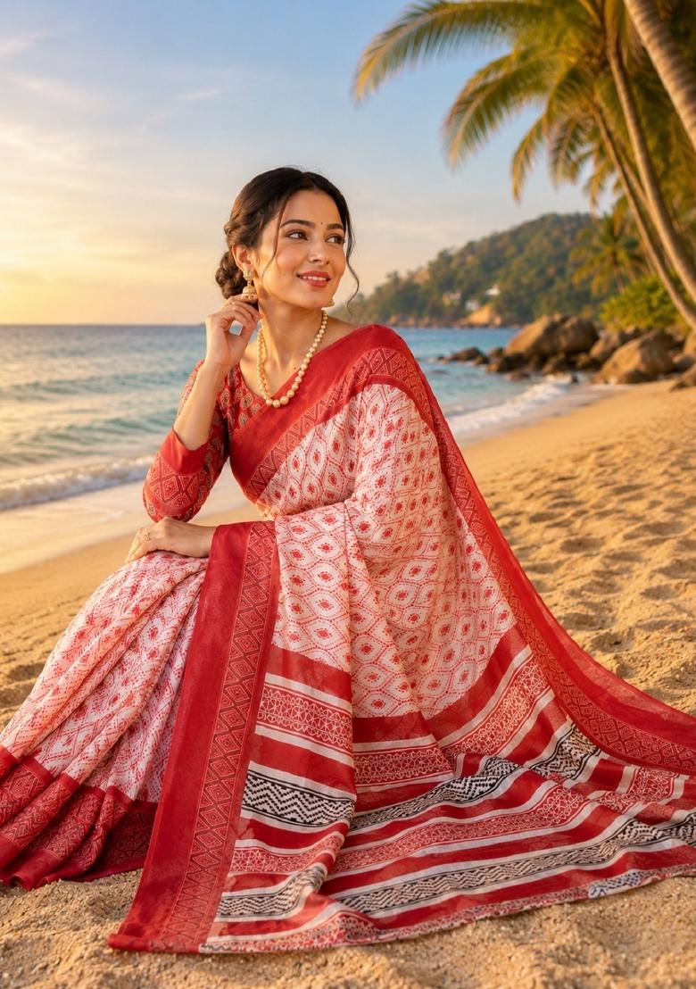 White Printed Cotton Saree Set - Indya
