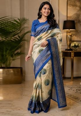 Cream Printed Cotton Saree Set