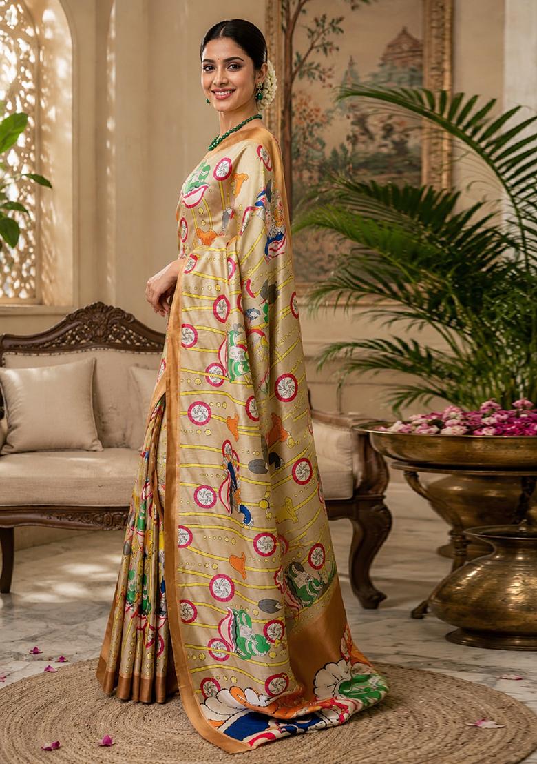 Beige Printed Cotton Saree Set - Indya