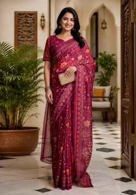 Wine Printed Cotton Saree Set