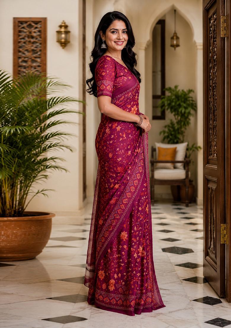 Wine Printed Cotton Saree Set - Indya