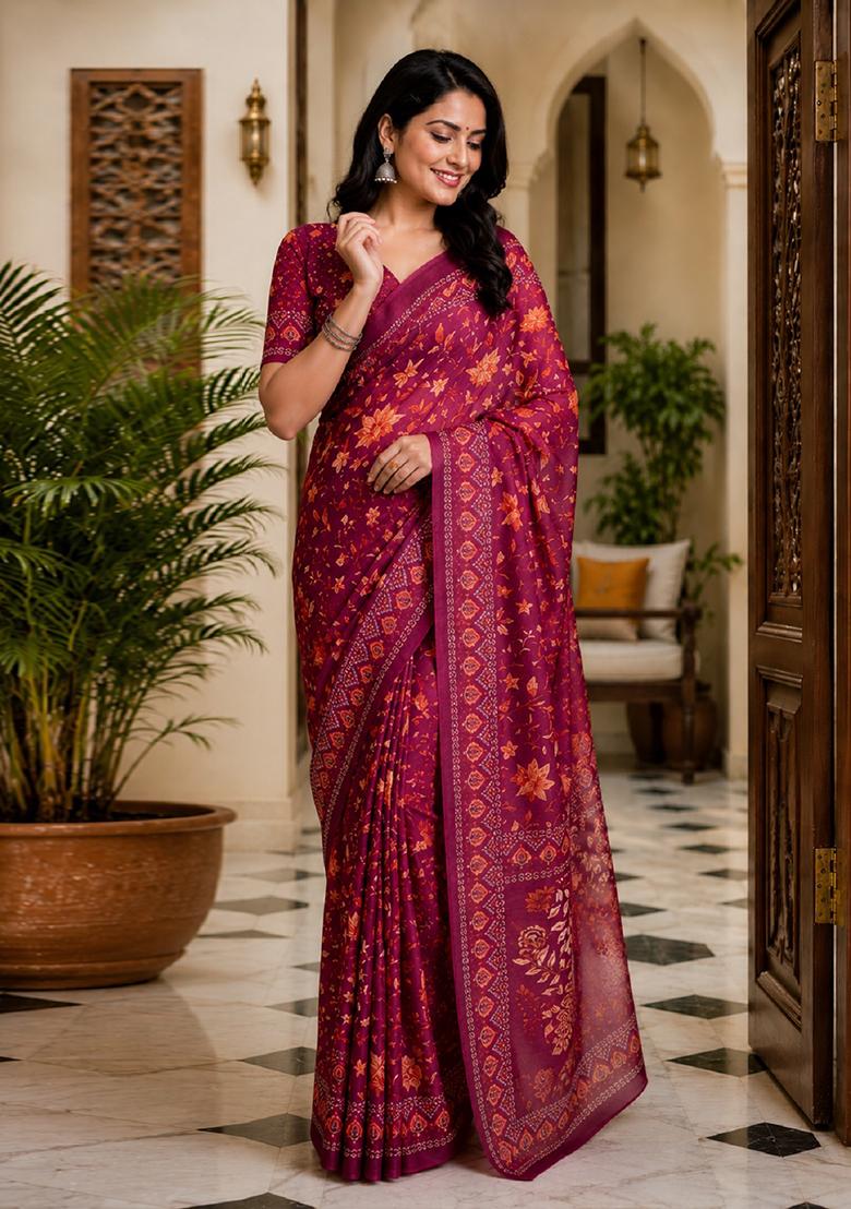 Wine Printed Cotton Saree Set - Indya