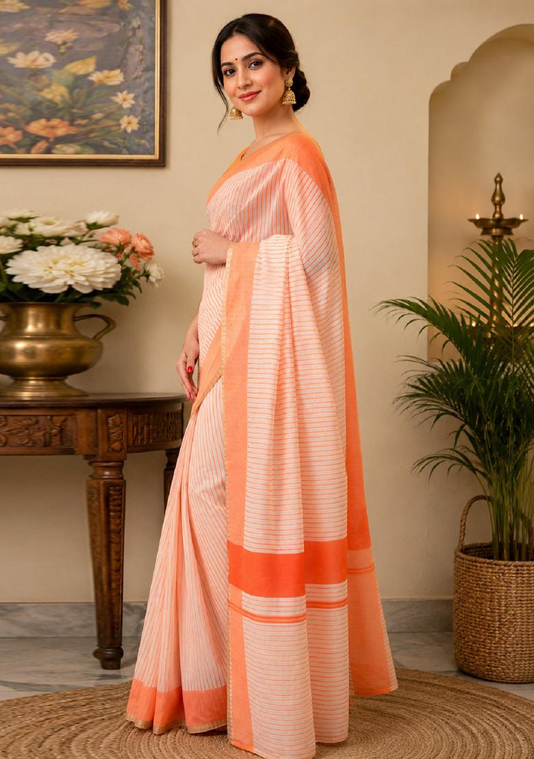 White Printed Cotton Saree Set - Indya
