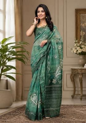 Green Printed Cotton Saree Set