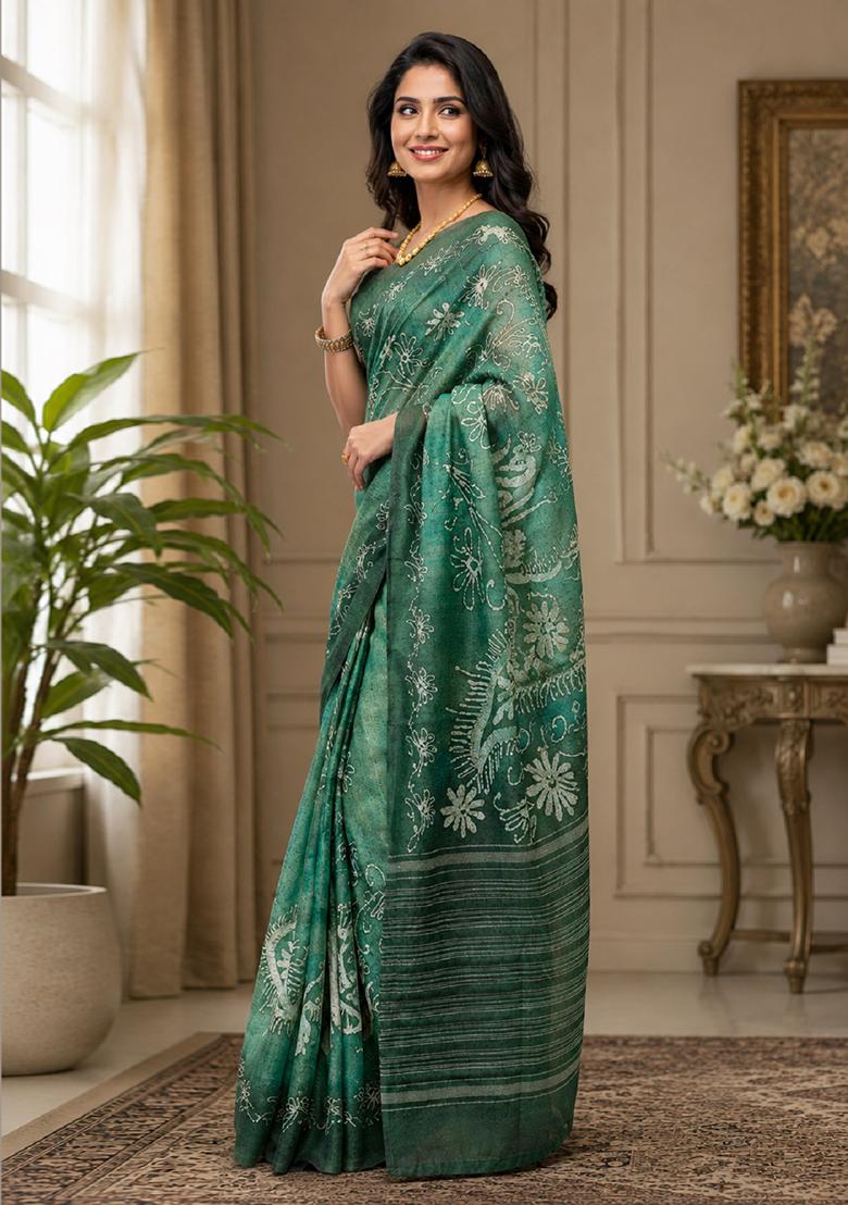 Green Printed Cotton Saree Set - Indya