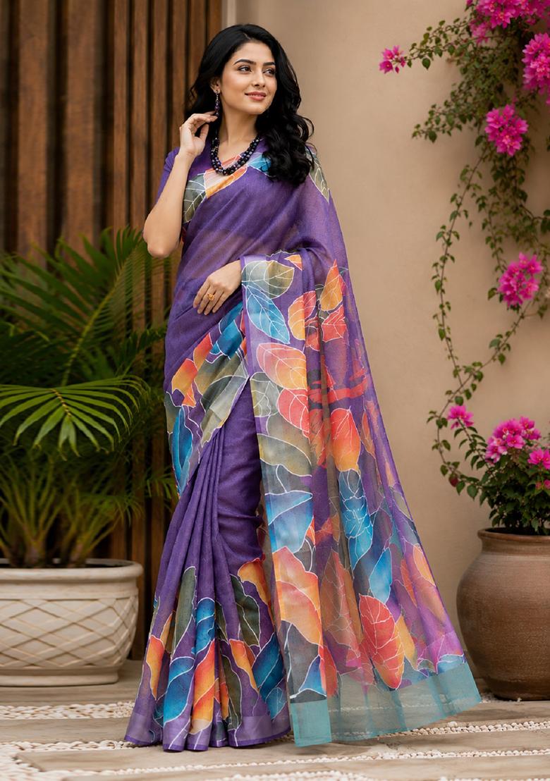 Purple Printed Cotton Saree Set - Indya