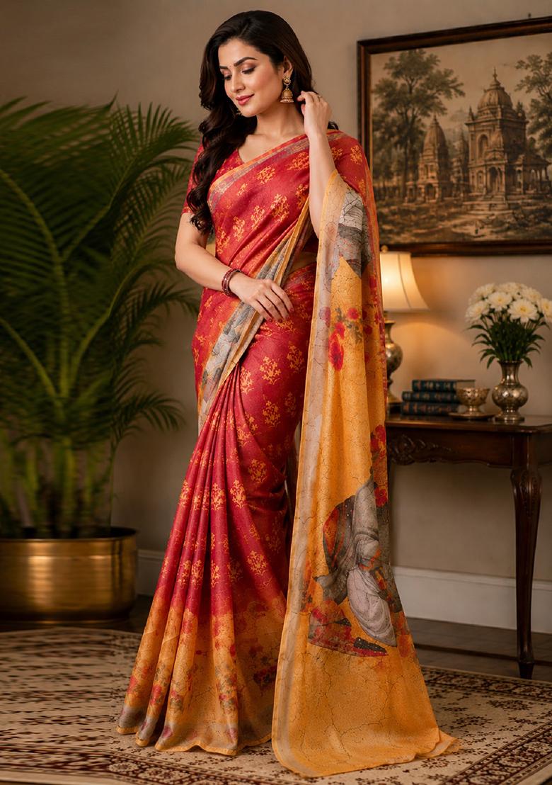 Red Printed Cotton Saree Set - Indya